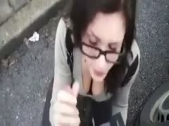 An amateur dark-brown nerdy wife got down on her knees to suck my weenie outside.